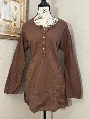 Vintage Y2K J. Crew Embroidered Chocolate Brown Witchy Boho Chic Tunic Sz Small
